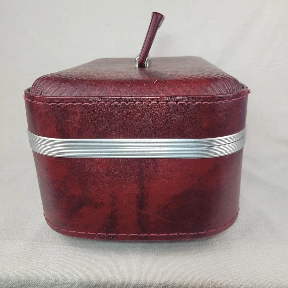 Vintage Burgundy Faux Leather Train Case Vanity Makeup Box Mid Century Travel